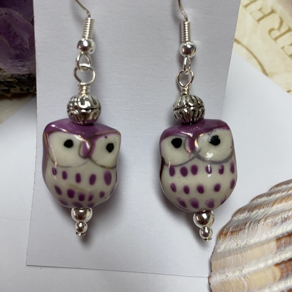 NWOT Cute owl earrings chunky pale green silver purple - Picture 7 of 9